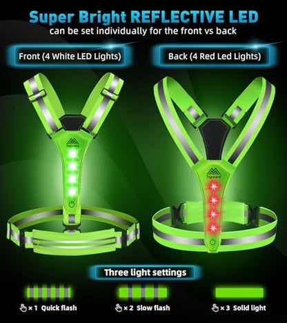 Topward LED Reflective Vest Running Gear, USB-C Rechargeable, Light Up Lights for Night Dog Walking Cycling, Running Phone Holder Vest for Runners, High Visibility with Adjustable Waist/Shoulder - color: green