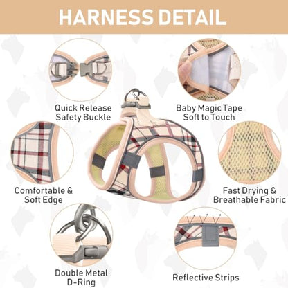 Small Dog Harness Collar and Leash Set, Step in No Chock No Pull Soft Mesh Adjustable Dog Vest Harnesses Plaid Reflective for Dogs Puppy Cats Kitten Rabbit (Beige, XXS) - color: Beige Red, size: XXS