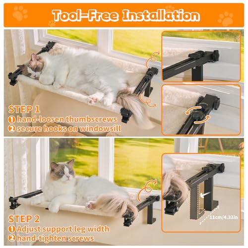 Cat Window Perch Bed Cat Hammock for Window Sill Seat, 2 in 1 Adjustable Large Cats Sleeping Beds with Cushion Steel Frame Kitten Perches for Windowsill, Bedside, Floor (Beige)