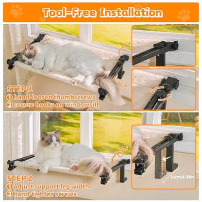 Cat Window Perch Bed Cat Hammock for Window Sill Seat, 2 in 1 Adjustable Large Cats Sleeping Beds with Cushion Steel Frame Kitten Perches for Windowsill, Bedside, Floor (Beige)