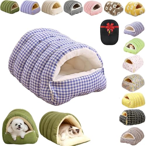 Removable and Washable Winter Closed-Off Cat Bed, Cutypet Winter Cave, Warm Foldable Secure Pet Nest for Indoor Cats & Small Dogs, Comfor Plush Snuggle Hut for Kitty, Puppy, Pets (Linen-Blue,M) - color: Linen-Blue, size: M