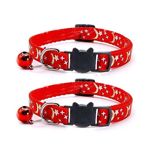 Reflective Cat Collars Breakaway with Bell 2-Pack Girl Boy Pet Kitten Collar with Star Moon Patetrn Adjustable 7.5-12.5 Inch (Red) - color: Red