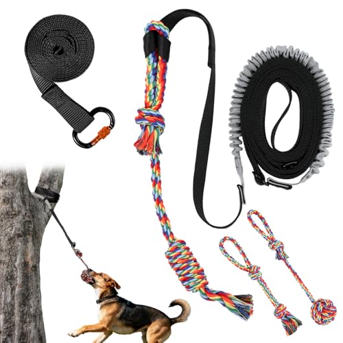 Outdoor Bungee Tug Toy, Dog Hanging Bungee Tug Toy with 3 Dog Chew Ropes, Interactive Retractable Play Cord Tether from Tree Outdoor for Small Medium Large Breeds Exercise and Play, Black+Grey - color: Black+Grey