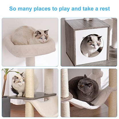 Hey-brother Wooden Cat Tree, 66.1“ Cat Furniture with Scratching Posts, Modern Cat Tower with hammocks, Toys, cat condo, Rustic Gray MPJ120SG - color: Rustic Gray