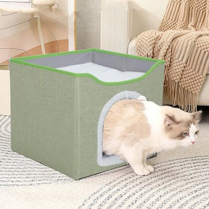 Foldable Cat House, 2 Layer Collapsible Kitten House Multifunctional Cat Cave Bed Soft Cat Scratcher House, Cat Bed Cave Cat Cubes Cat Hideaway for Indoor Cats(Light Green) - color: Light Green