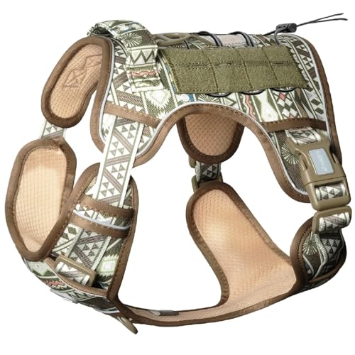 AUROTH Tactical Dog Harness for Large Dogs No Pull Adjustable Pet Harness Reflective K18 Working Training Easy Control Pet Vest Military Service Dog Harnesses - color: Tribal Patterns-Green, size: S(Neck:14-21",Chest:20-31"),18-35 lbs