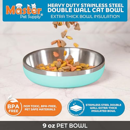 Master Pet Supply Stainless Steel Cat Bowls - 9 oz Heavy Duty - Aqua Sky, Double Wall Extra-Thick Insulated, Non-Slip Pet Water Bowl for Cats & Pets, Anti Rust Metal, Dishwasher Safe - color: Aqua Sky