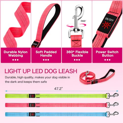Weesiber Light Up Dog Leash, 4ft LED Dog Leash Rechargeable Puppy Lead Waterproof Safety Glow in The Dark Pet Lights for Night Walking (Pink) - color: Pink