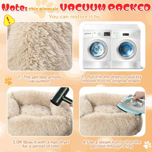 2-Pack Small Calming Dog & Cat Bed Anti Anxiety Fluffy Plush Pet Beds with Anti-Slip Bottom Machine Washable Interchangeable Pet Bed for Kittens & Puppies(Cream and Light Gray,21x16.5 Inch) - color: Cream and Light Gray
