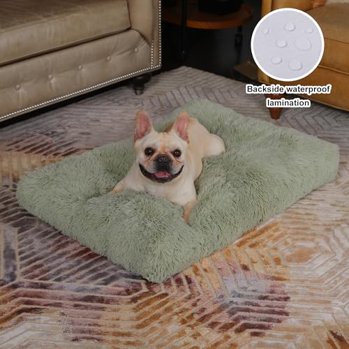 Bedfolks Waterproof Crate Bed, Plush Pad With Removable Cover, Faux Fur for Medium Dogs, Fluffy Washable Kennel 29"x21", Sage Green - color: Sage Green, size: Medium(29x21'')