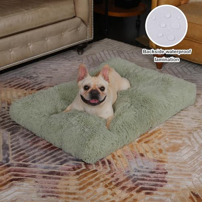 Bedfolks Waterproof Crate Bed, Plush Pad With Removable Cover, Faux Fur for Medium Dogs, Fluffy Washable Kennel 29"x21", Sage Green - color: Sage Green, size: Medium(29x21'')