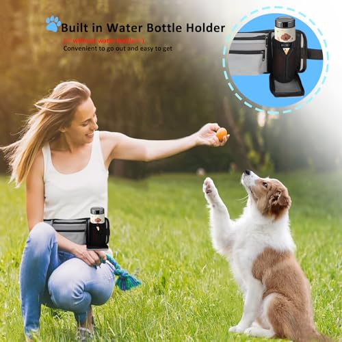 Dog Training Treat Pouch Zipper Waist Belt Bag, Plus Size Dog Treat Bag with Water Bottle Holder Silicone Insert and Clip for Leash Waste Bags Puppy Hiking Dogs Walking Fanny Pack Kit, Grey - color: grey