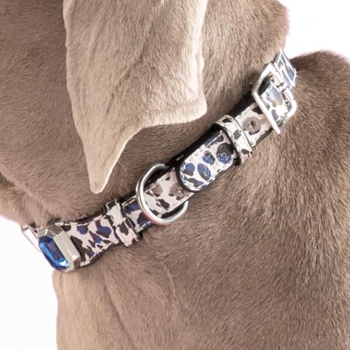 Luxury K9 Crystal Dog Collar -Waterproof Wear-Resistant Microfiber Leather with Hand-Set Rhinestone Gems, Durable Metal Buckle, Adjustable Bling Collar for Small Medium Large Dogs (Blue Leopard, M) - color: Blue Leopard, size: M(FIT,NECK:12.2"-15")