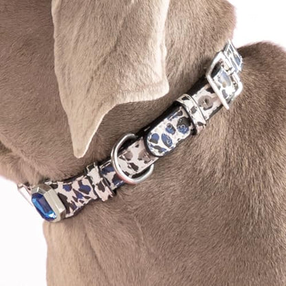 Luxury K9 Crystal Dog Collar -Waterproof Wear-Resistant Microfiber Leather with Hand-Set Rhinestone Gems, Durable Metal Buckle, Adjustable Bling Collar for Small Medium Large Dogs (Blue Leopard, M) - color: Blue Leopard, size: M(FIT,NECK:12.2"-15")