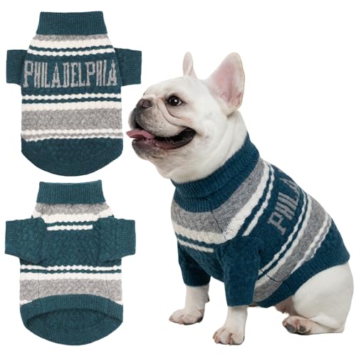 Small Dog Sweater Football Theme Turtleneck Knit Dog Sweaters for Small Pets Warm Winter Cat Dog Clothes - color: green&gray, size: Large