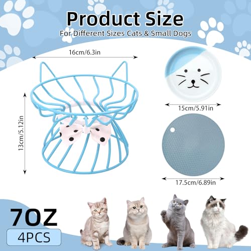 4 Pcs Elevated Pet Food Bowls, Ceramic Cat Plate with Stand Raised Cat Bowl for Indoor Pet, Food and Water Dishes Puppies, with Non-Slip Mat, Whisker Friendly, Dishwasher Safe - color: Black+Blue+Pink+Green