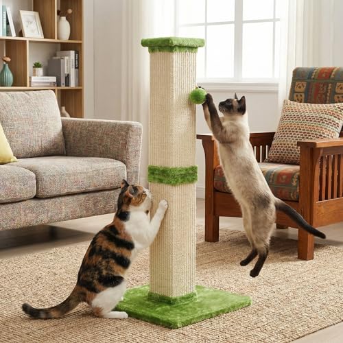 32" Tall Cat Scratching Post, Cat Scratcher with Heavy Duty Thick Wood Base, Cat Tower with Natural Sisal Rope and Hanging Ball, Plant-Like Design Scratching Post, for Small and Adult Kittens, Green - color: LIght Green