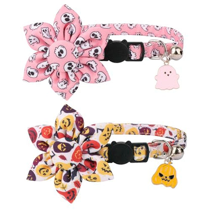 ADOGGYGO Halloween Cat Collar with Floral, 2 Pack Halloween Kitten Flower Collar, Pink Ghost Pumpkin Collars for Cats Kittens - color: Halloween