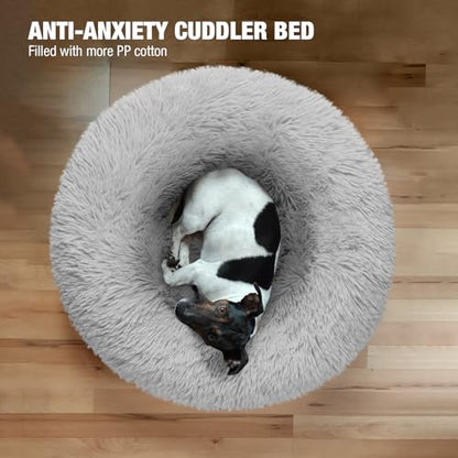 Veehoo Calming Donut Cat Bed for Small Cats Dogs-Round Small Cat Dog Bed, Anti Anxiety Fluffy Faux Plush Cuddler Washable Puppy Bed, Warming Soft Cushion Pet Bed Fits up to 15 lbs Pet, 20", Light Grey