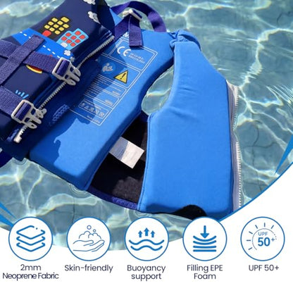 Toddler Swim Vest Neoprene Kids Float Jacket Swimming Aid for Children Girls and Boys 20-30-40-50-60-70-80Lbs with Dual Adjustable Safety Straps - color: City Cruise Blue, size: L(Age Recommend 6-9 Years)
