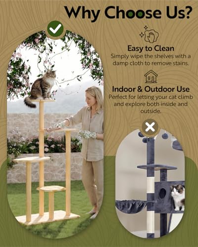 Outdoor Cat Tree, 60" Tall Cat Tower Weatherproof for Patio,Balcony,Garden, Durable 4-Tier Natural Wood w/Scratching Posts for Multiple Cats,Outside&Indoor Adult Cats and Kittens Play, Climbing