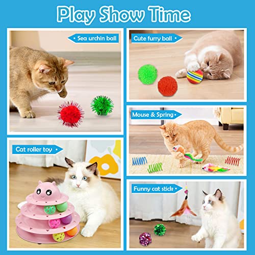 UPSKY 20 PCS Cat Toys - 3-Level Turntable Roller with Balls for Indoor Cats, Kitten Set with Teaser, Mice, Spring, and Various Ball Toys - color: B-20PCS-Pink