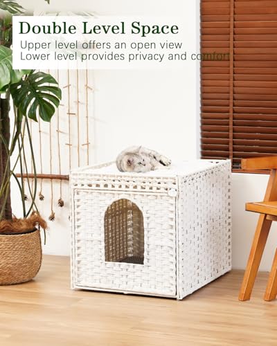 SETVSON Cat Litter Box Enclosure Furniture, Large Hidden Litter Box Furniture, Handwoven Rattan Cat House Cabinet, One Mat, Two S-Shaped Hooks, Living Room, Apartment 21.6 X 26 X 21.6 Inches, White - color: White, size: XL