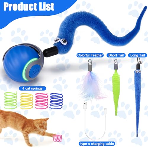 AIERSA Cat Toys for Bored Indoor Adult Cats, Speed Tail Cat Toy, Interactive Smart Cat Toys Balls, Automatic Moving Self Play Cat Toy with 3 Tails and 4 Springs (Blue)