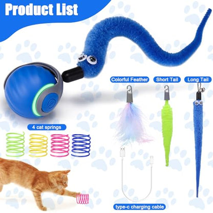 AIERSA Cat Toys for Bored Indoor Adult Cats, Speed Tail Cat Toy, Interactive Smart Cat Toys Balls, Automatic Moving Self Play Cat Toy with 3 Tails and 4 Springs (Blue)