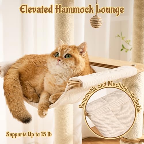 Modern Solid Wood Cat Tree for Indoor Cats Up to 15lbs, 49" Tall Cat Tower with Scratching Posts & Scratcher, Large Cat Bed, Hammock, Capsule Nest, Dangling Ball, Multi-Level Cat Furniture - color: 49"Natural