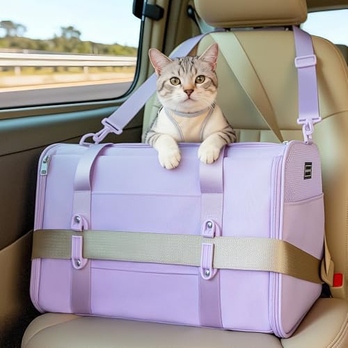 PETSFIT Large Cat Car Carrier with Patented Safety Buckles(19 x 12 x 12) – Roomy Escape-Proof for Safe Driving, Lockable Zippers & Safety Tether, Soft-Sided Travel Carrier for Road Trips & Vet Visits - color: Purple, size: Large