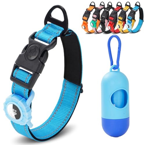 JSXD AirTag Dog Collar, Night Reflective Nylon Dog Collar for Small Medium Large Dogs,Lockable Quick Release Buckle,Padded Breathable Pet Collar with AirTag Holder (Blue, Medium) - color: Blue, size: Medium(13.8"-21.6")