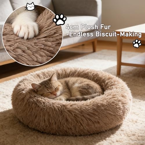Calming Donut Dog Beds for Small Dogs Kitten - Washable Removable Cover Non-Slip Bottom, Round Pet Bed Puppy Bed Warming Fluffy Faux Fur Anti-Anxiety, Fits up to 15 lbs (Camel, 20") - color: Camel, size: 20"L x 20"W x 8"Th