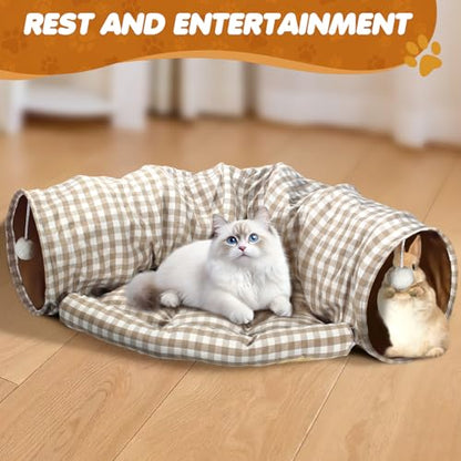Spardar Bunny Tunnel Bed, 2-in-1 Collapsible Tunnel Tubes Toys, Washable, with Removable Mat Hideout, Interactive Toys for Rabbits Chinchilla Hedgehog Guinea Pigs Kitty, Checkered - color: Checkered