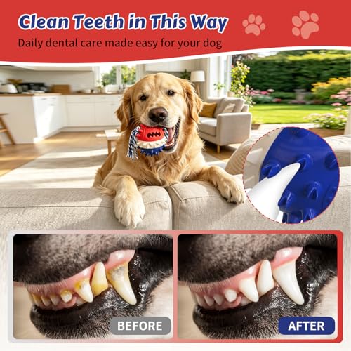 Dog Chew Toys Floating 4" Squeaky Ball for Aggressive Chewers Toothbrush Teething Cleaning Toys Outdoor Swimming Interactive Tough Toys with Treat Dispenser Ball for Medium and Large Dogs - color: Red & Blue