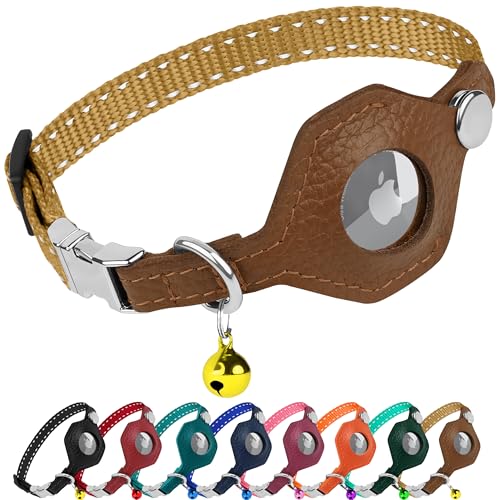 Reflective AirTag Cat Collar with Metal Buckle - Leather Soft Non Breakaway Cat Collars with Apple Air Tag Holder and Bell - Tracking GPS Secure Pet Collars for Cats Kitten Puppy (Gold) - color: Gold