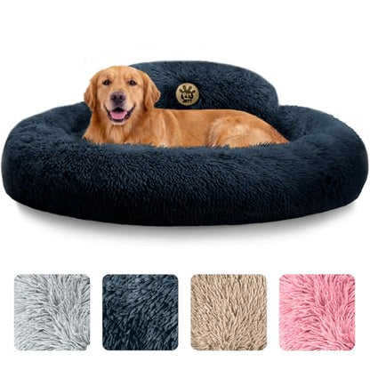 PetJett Dog Beds Large Sized Dog - 36'' Calming Round Bed, Washable Dog Bed - Anti-Slip Super Soft Donut Bed, Fluffy Faux Fur Anti-Anxiety Premium Comfort Pet Bed, Fits Dogs up to 80 lbs - Dark Grey - color: Dark Gray, size: Large - 36”L x 36”W x 8”Th
