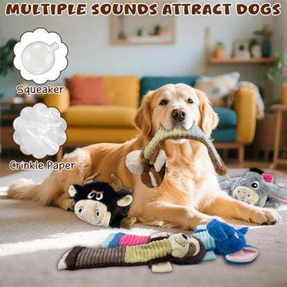 5 Pack No Stuffing Dog Squeaky Toys, Dog Chew with Crinkle and Squeaker, Cute Animal Plush to Keep Them Busy for Tug of war, Not Suitable for Aggressive Chewers - style: Donkey, Elephant, Cattle, Monkey, Sloth