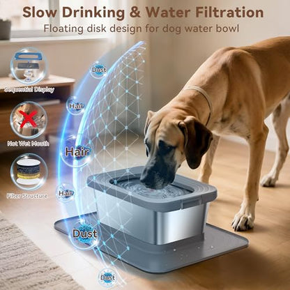 10L No Spill Dog Water Bowl, 2.6 Gal Stainless Steel No Splash Large Dog Water Bowl with Non-Slip Silicone Mat, Spill Proof Slow Drinking Pet Bowls for Messy Drinkers Indoor/Outdoor Use Gray - color: Grey