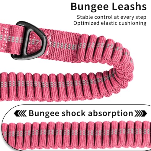 Heavy Duty Tactical Dog Leash, 4-6FT Shock Absorbing Bungee Lead with 2 Padded Handles, Metal Carabiner & Seatbelt Clip, Reflective No-Pull Leash for Medium/Large Dogs (Pink) - color: Pink