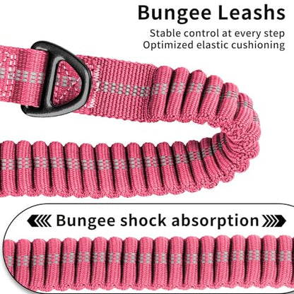Heavy Duty Tactical Dog Leash, 4-6FT Shock Absorbing Bungee Lead with 2 Padded Handles, Metal Carabiner & Seatbelt Clip, Reflective No-Pull Leash for Medium/Large Dogs (Pink) - color: Pink