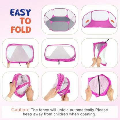 Pawaboo Small Animals Playpen with Pad, Waterproof Small Pet Cage Tent with Reusable Pad, Portable Outdoor Yard Fence for Chick/Kitten/Puppy/Guinea Pig/Rabbits/Chinchillas, Pink + Gray - color: Pink + Gray