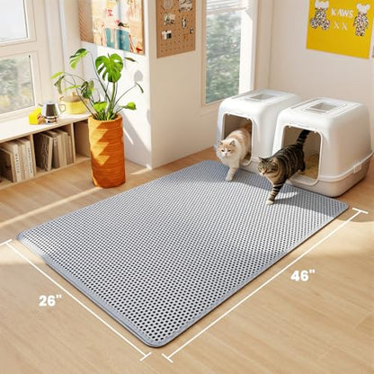 Cat Litter Mat for Large Cats, Double Layer Honeycomb Cat Litter Trapping Mat, Waterproof Urine Proof Non-Slip Kitty Litter Mats for Indoor Kitty Litter Box, Easy to Clean Grey (46.45“ x 26") - size: 46.5"L x 26"W