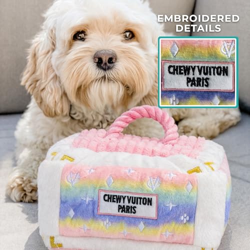 Haute Diggity Dog Chewy Vuiton Trunk Puzzle with 3 Plush Squeaky Dog Toys, Soft Durable Designer-Inspired Stuffed Puppy Chew Toys for Small & Medium Dogs, Machine-Washable (Pink Ombre) One Size - color: Pink Ombre Trunk, size: One Size