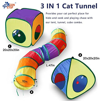 GONPETGP Cat Tunnel and Cubes Combo, Indoor Cat Tunnels with Play Ball, Interactive Crinkle Collapsible Tent and Cubes, All in One Set of 3 - color: Rainbow