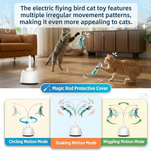 2 in 1 Electric Cat Wand Toy Interactive Cat Toys for Indoor Cats 360° Flying Bird Cat Toy, 2-Speed Fly Cat Chase Toy Automatic Cats Toys with Self ON/Off Suction Cup Electric Cat Teaser Wand - style: Electric Wand-White