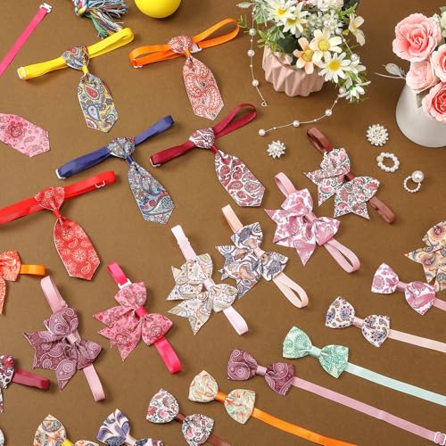 Reginary 100 Pieces Dog Bow Tie Collar Set Include 40 Dog Neckties, and 30 Puppy Bowties, 30 Collar Flowers, Adjustable Pet Ties Grooming for Small Medium Cats Pets Supply (Paisley) - style: Paisley