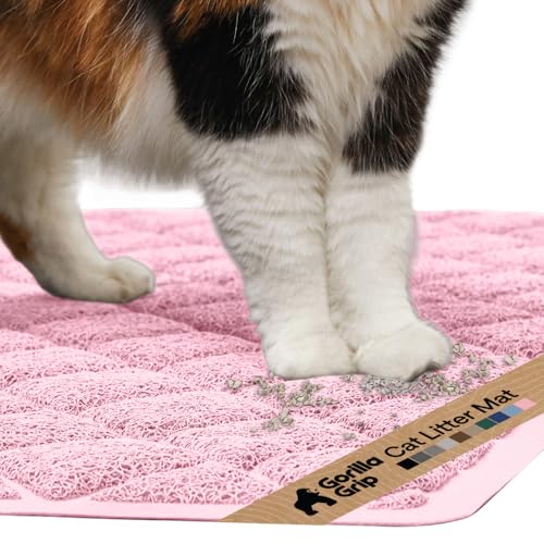 GORILLA GRIP Cat Litter Box Mat, Cushioned Coil Mesh Litter Trapping Mats, Scatter Control Supplies for Less Mess, Phthalate Free, Ultra Deep Catch Grooves, Rinse or Vacuum to Clean, 17x11 Light Pink - color: Light Pink, style: X-Small (17" x 11")