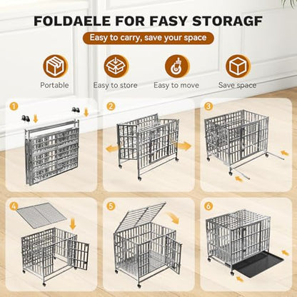 Holiwei 37" Heavy Duty Dog Crate, Escape Proof Stainless Steel Dog Kennel with Top Opening, 4 Lockable Wheels, Easy Clean Metal Dog Cage for Medium-Large/Anxious Dogs - size: 37.0"L x 25.0"W x 30.0"H