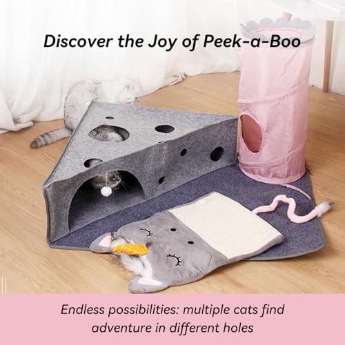 Cat Tunnel for Indoor Cats Peekaboo, 2-in-1 Interactive Cat Enrichment with Ball Toys, Large Felt Mat, Scratch Resistant Cats Activity Play Mats for Multiple Kittens, Dogs【Pink】